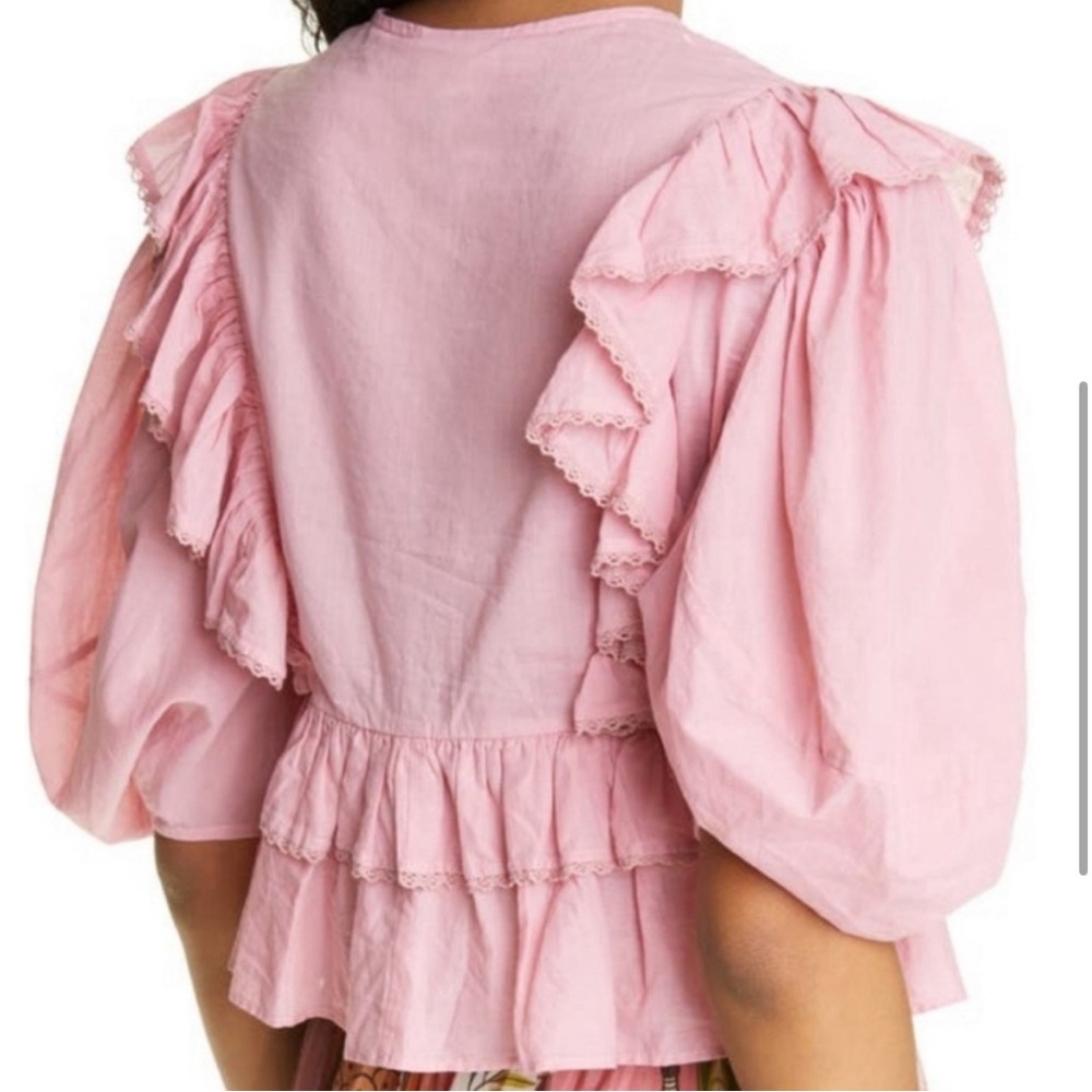 Farm Rio Punk Ruffle Puff Sleeve Wrap Blouse - Picture 2 of 10